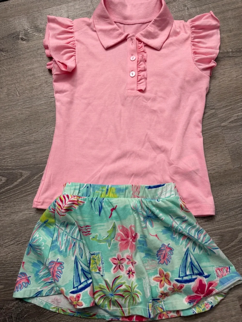 Girls Pink Polo Top and Mint Tropical Skort Matching Set